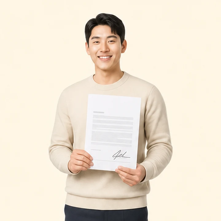 그랑콜레오스 중고차 장기렌트 서면 견적서를 들고 있는 고객